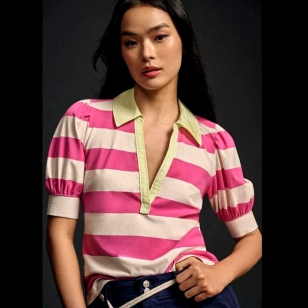 Maeve by Anthropologie Pink Stripe Puff Sleeve Polo Top XL